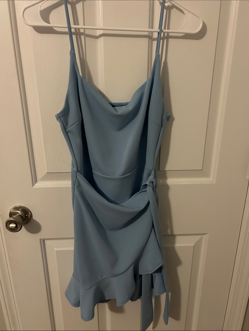Powder Blue Cowl Neck Spaghetti Strap Mini Dress